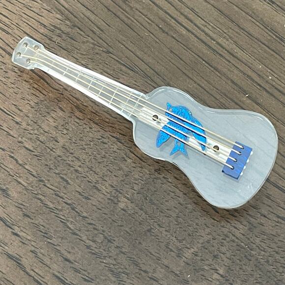 Vintage 1950s Carved Clear Lucite Guitar Brooch Pin w/ Blue Bird C Clasp - Picture 1 of 13